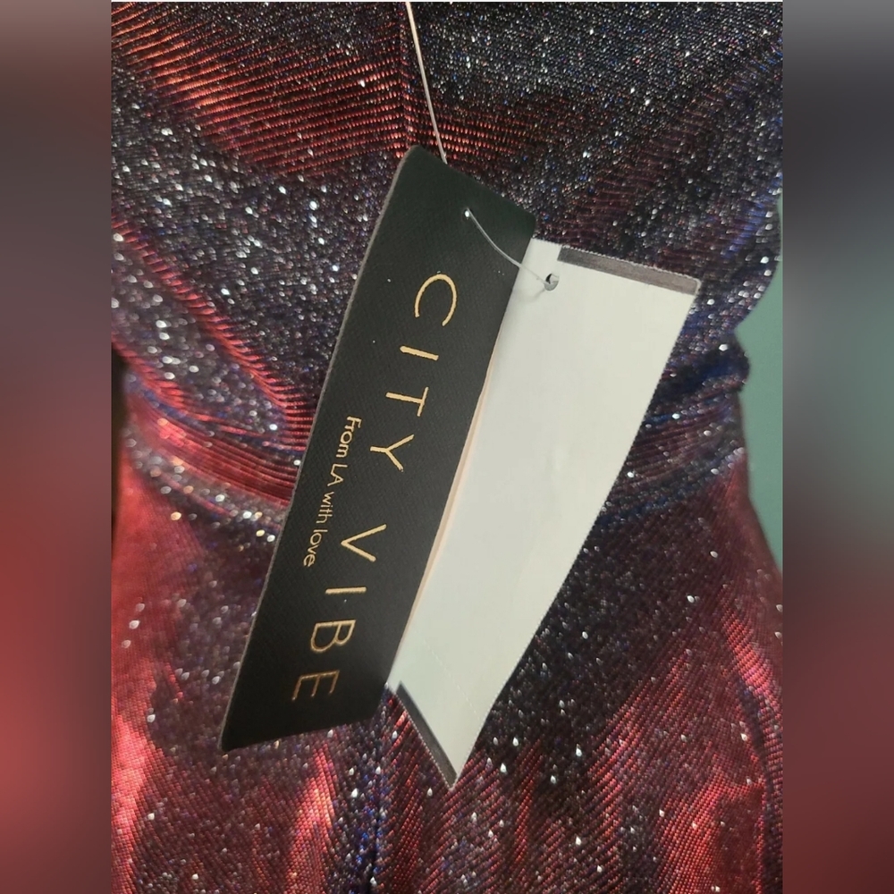 CITY STUDIO Plum Sparkly one shoulder asymmetrical cutout dress Size 7 NWT - Picture 4 of 4
